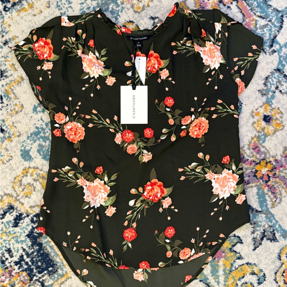 41 Hawthorn Black Blouse with Red Floral Design